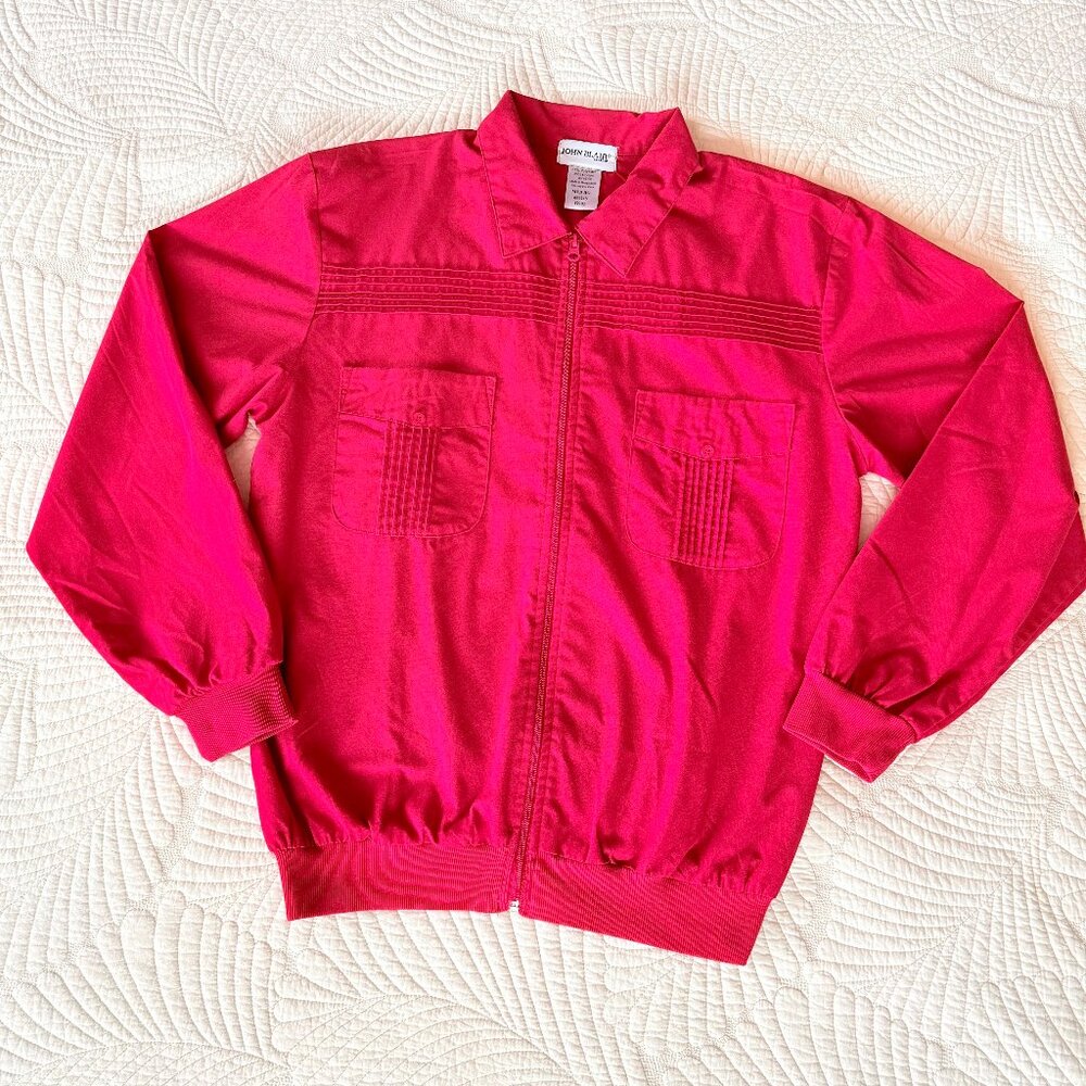VTG 80s Red Rebel Light Leisure Dad Jacket Guayabera-Style Full Zip John Blair M